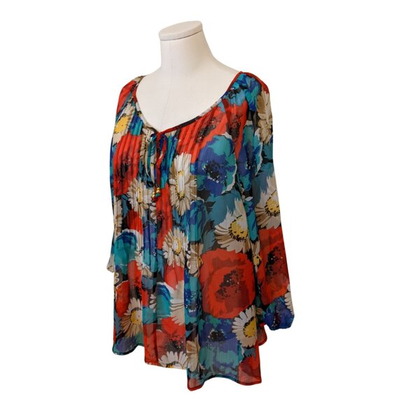 Charter Club Floral Sheer Blouse Pleated Spring Colourful Office Elegant Flowy L - Picture 2 of 7
